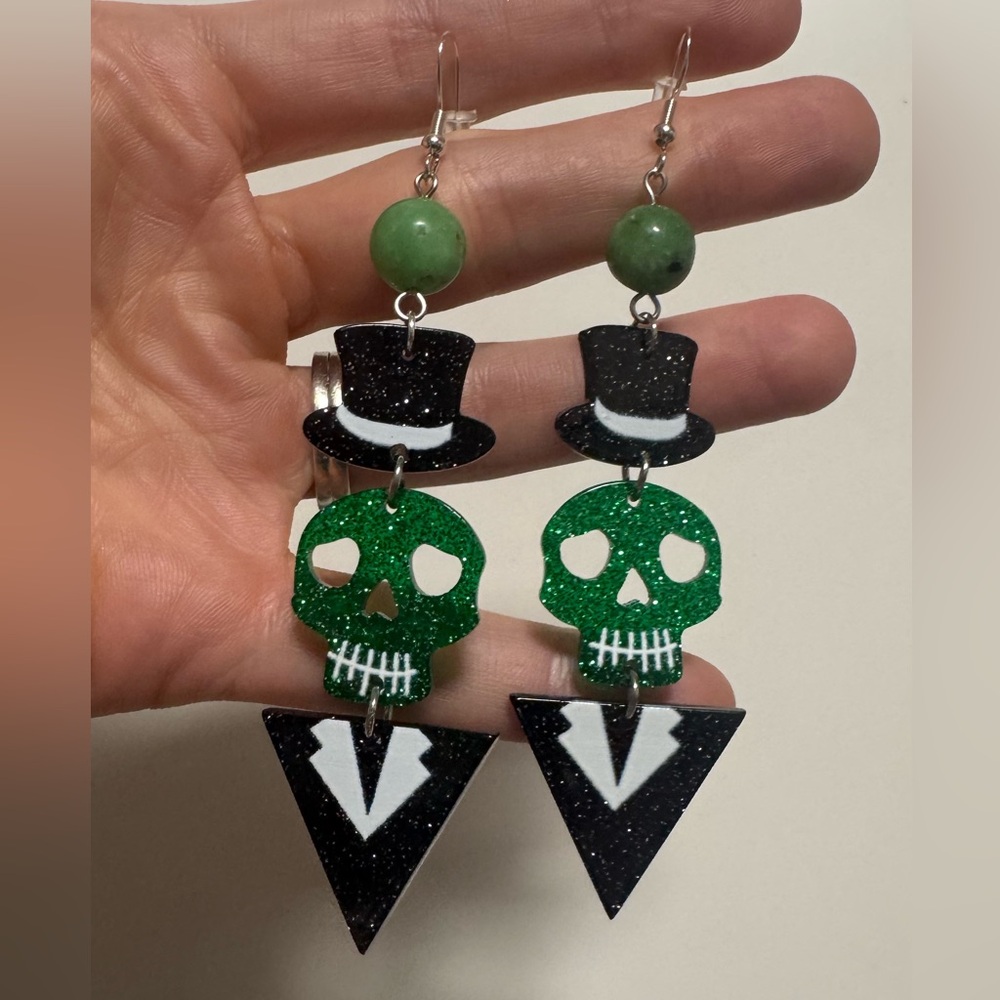 Green Skull and Top Hat Earrings